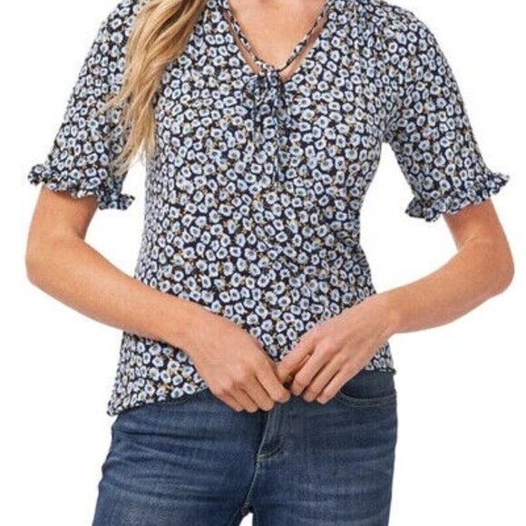 CeCe Floral Frill Puff Sleeve Blouse XS NEW NWT Blue - Picture 2 of 9